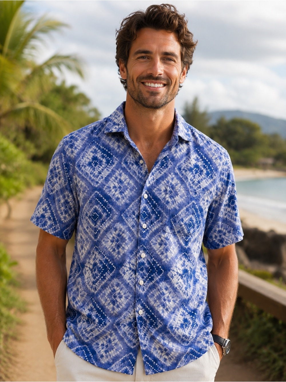 Tommy Bahama Blue White Tie-Dye Diamond Button-Up Shirt